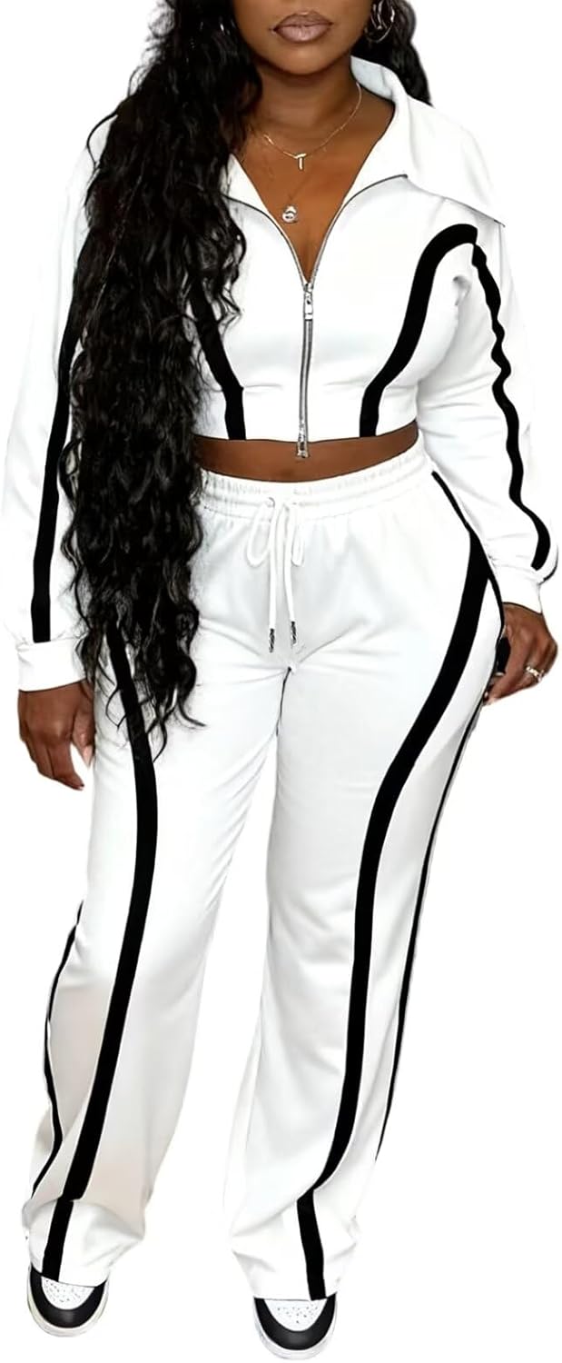 AWASIR Women Striped 2 Piece Outfits Long Sleeve Zip Up Jacket Top and Wide Leg Pants Set Tracksuits with Pocket