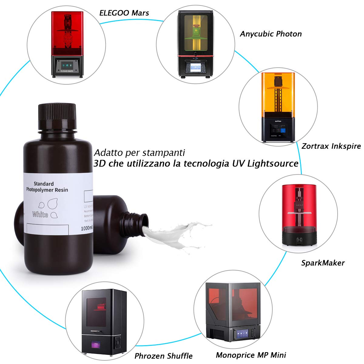 ELEGOO Stampante 3D Resina veloce LCD 405nm Resina fotopolimerizzante UV Resina fotopolimerica standard per stampa 3D LCD Bianco 1000g