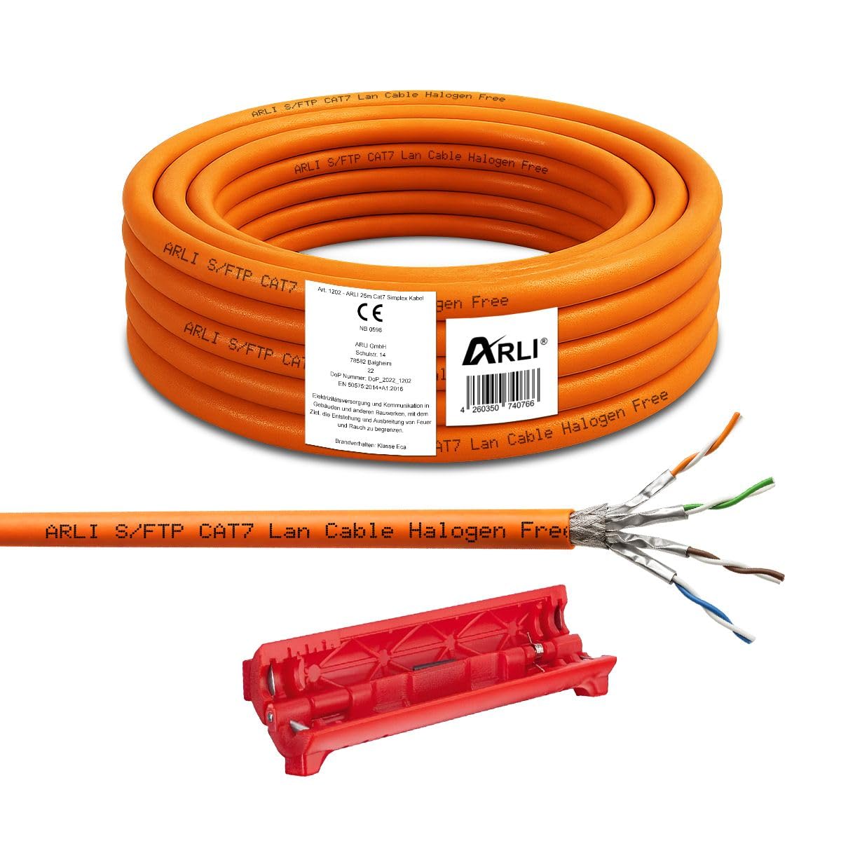 ARLI Cat7 Verlegekabel 25 m Netzwerkkabel inkl. Abisoliermesser CAT.7 LAN Halogenfrei Installationskabel SFTP S/FTP CAT7 PIMF Kabel Netzwerk Verkabelung Datenkabel AWG23/1 geschirmt Kupfer 25m