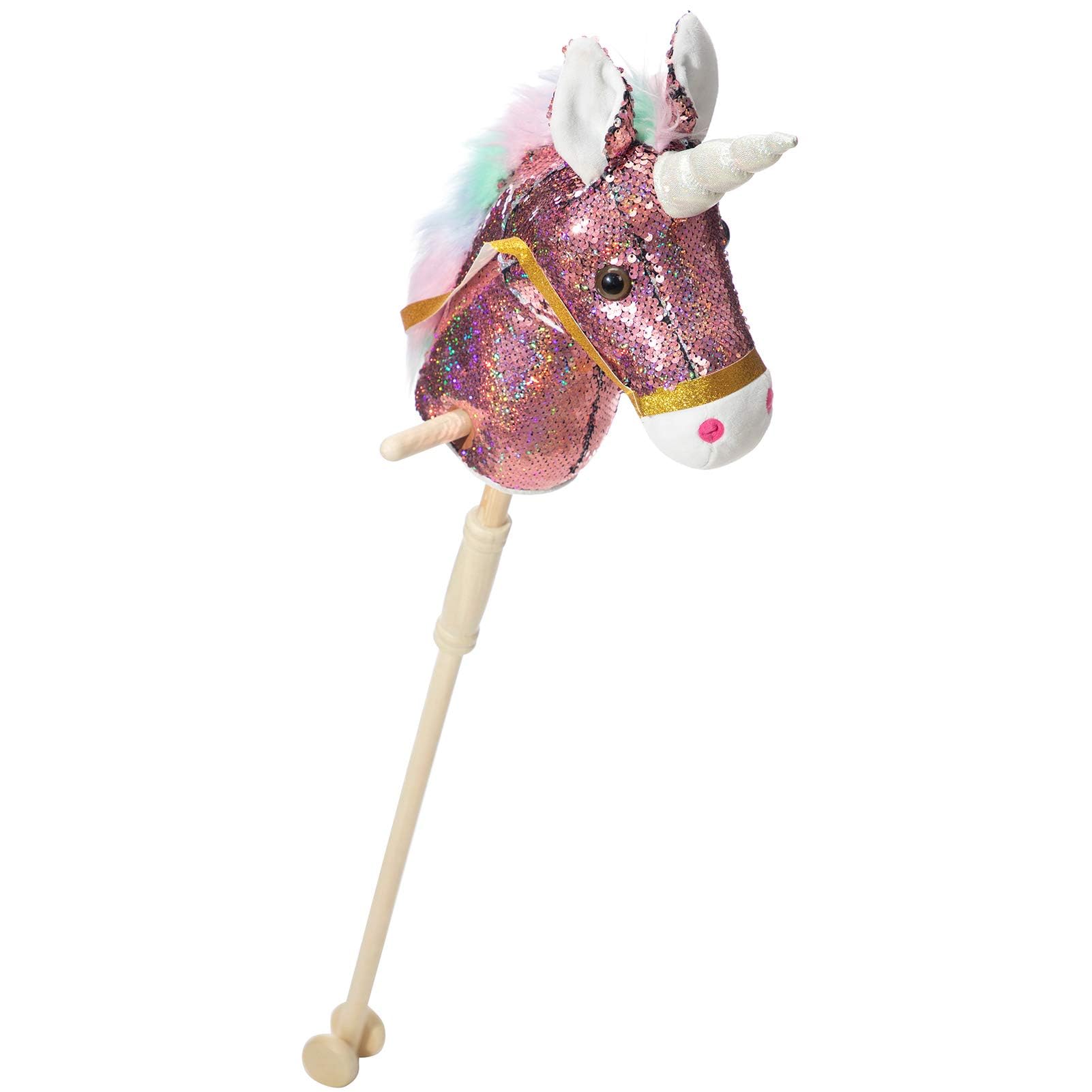 BEJOY Hobby Horse, Sequin Stick Horse with Wood Wheels Horse Toy Real Pony Neighing Galloping Sounds Plush Toy, Unicorn Plush Toy, Sequin Pink 36 inches (AA Batteries Required) โ image 1