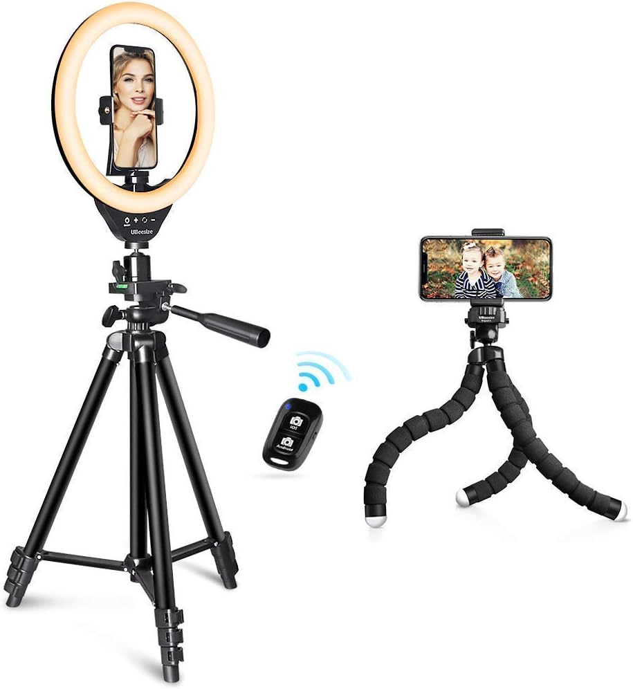 UBeesize 10” LED Selfie Ring Light with Stand and Phone Holder Bundle with Flexible Tripod with Wireless Remote Shutter