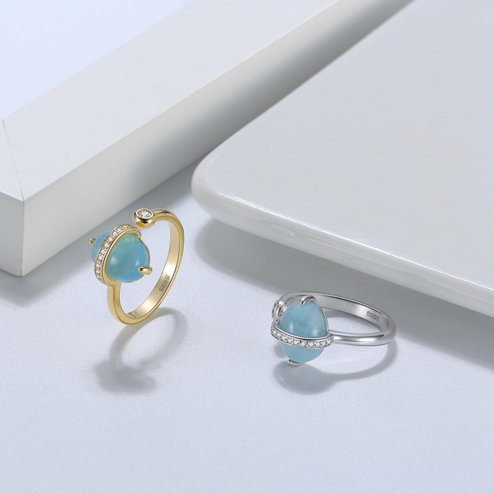 Anillo Promesa Mujer Plata de Ley 925 Anillo Fino Ajustable de Compromiso con Aguamarina Regalo Cumpleaños