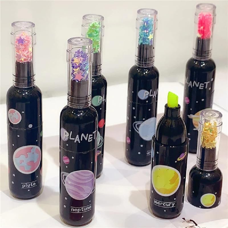 Image of YBN 6Pcs Space Theme Dual Tip Marker Highlighter Fluorescent Pens (Planet Bottle Shape), Assorted