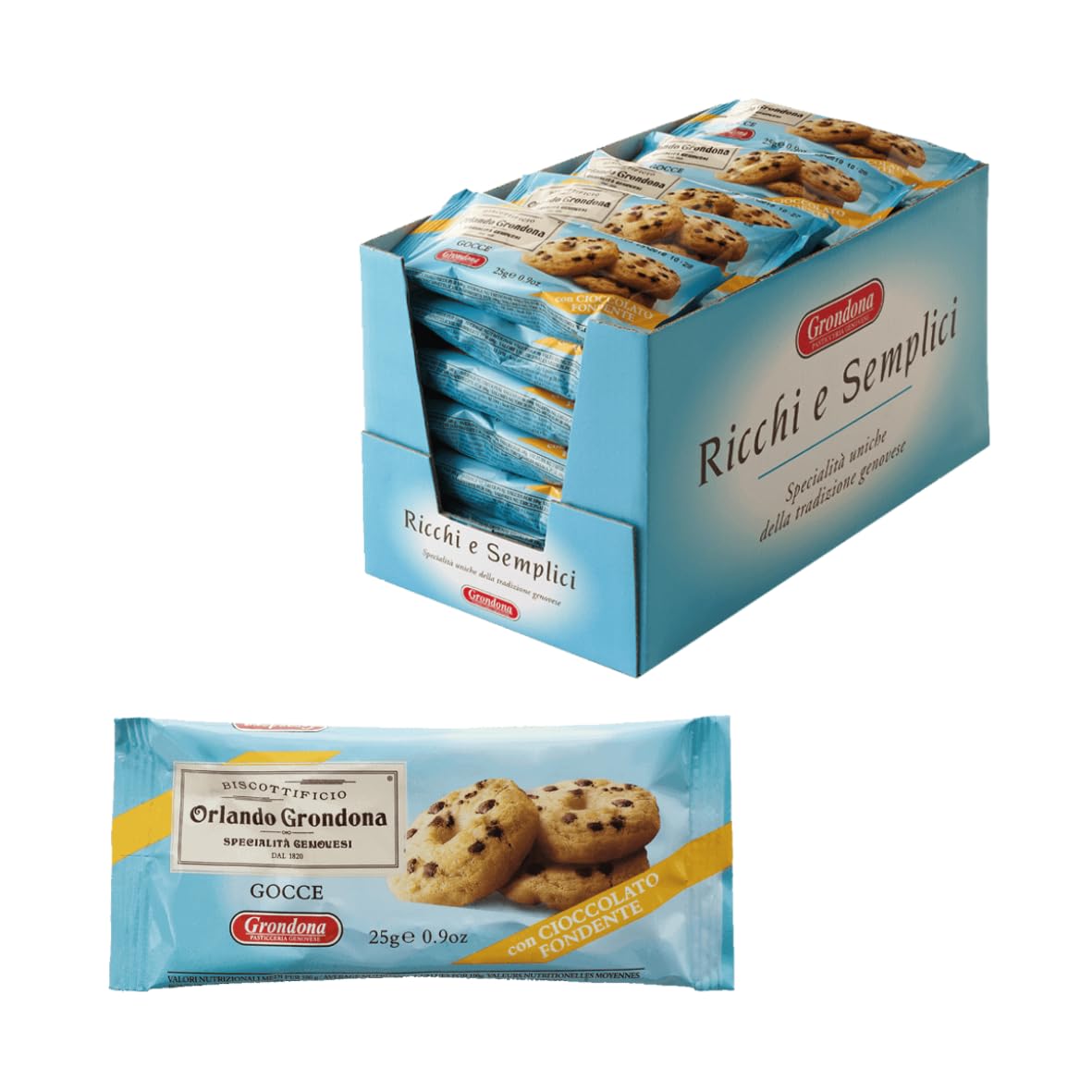 Biscotti Grondona Gocce di Cioccolato Pastine Frolle Box da 30 x 25 g Espositore