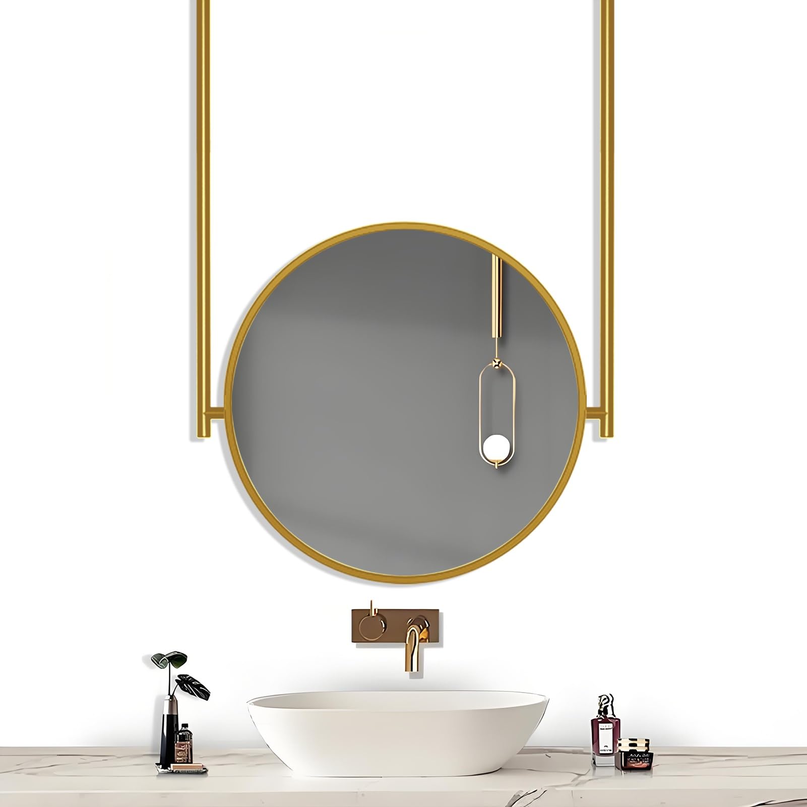 Nowoczesne wiszące lustro sufitowe, duże dekoracyjne lustro ścienne, pływające lustro szklane w metalowej ramie, wiszące lustro do przedpokoju, złote(Diameter-70CM/27.6INCH)