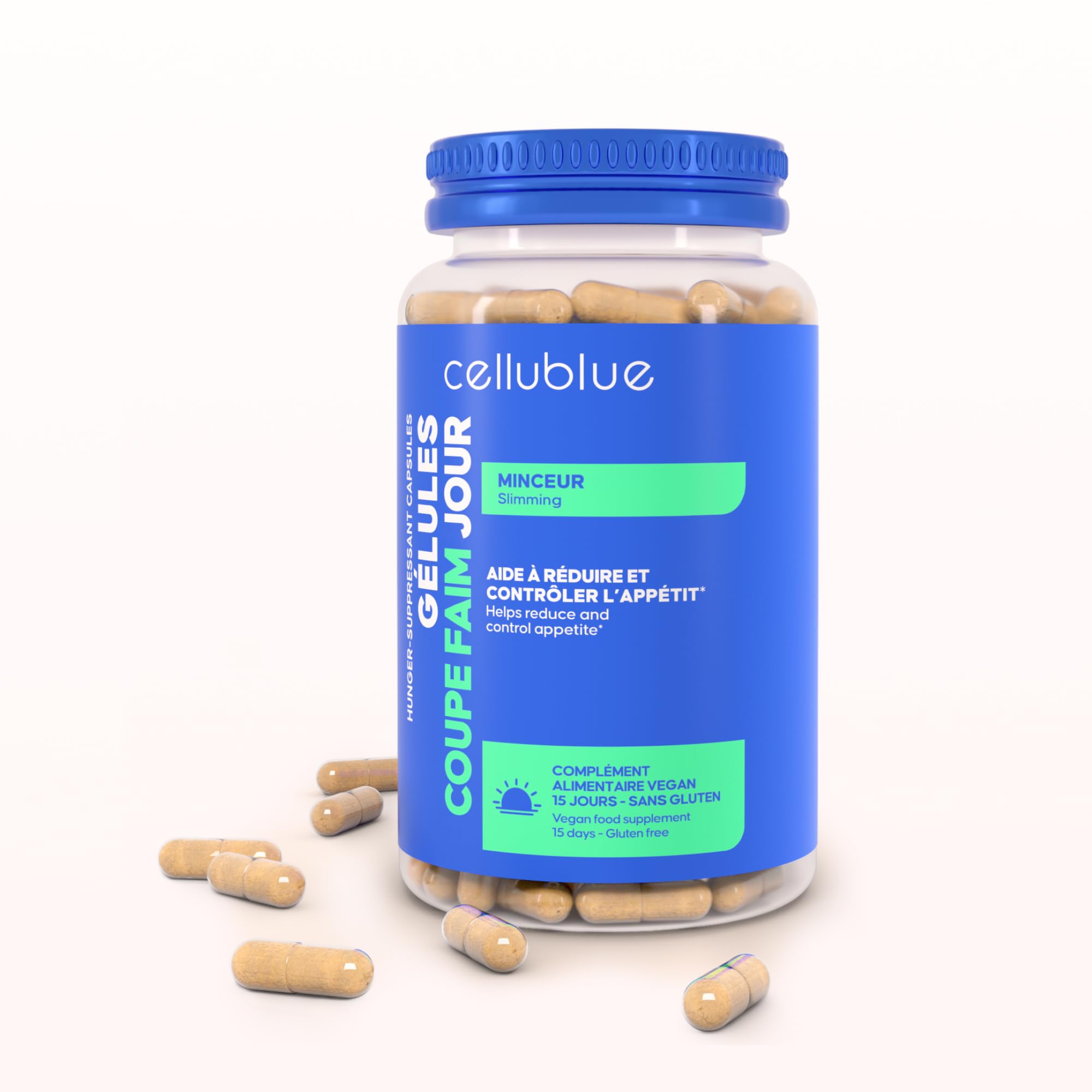 Gélules Coupe-Faim Naturelles Cellublue - Prolonge la sensation de satiété - Réduit l’Appétit & les Fringales - Caroube & Fucus - Vegan, Sans Gluten & Lactose - Complément Alimentaire Perte de Poids