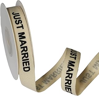 YKW Just Married Cotton Ribbon, 5/8 Inch x 10 Yard Natural Twill Tape, Cream Herringbone Trim for Wedding Cars, Reception Decor & Honeymoon Gifts