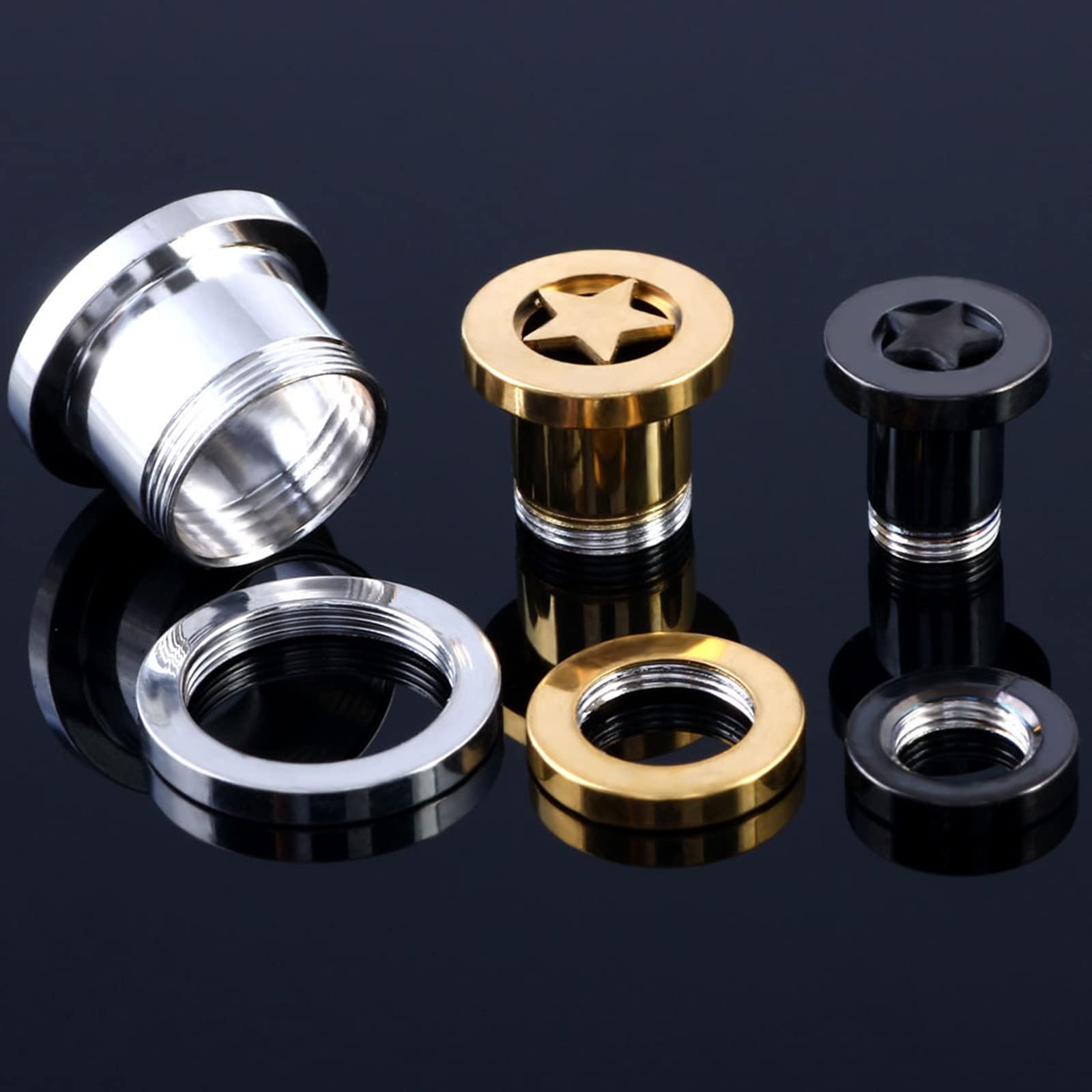 Chirurgenstahl-Messgeräte für Ohren, Tunnel und Plugs, 6-teiliges Set, Körperpiercing-Schmuck für Ohren mit Sternform