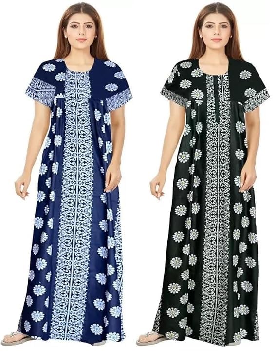 Image of Keyocean Women's Cotton Printed Nighty Night Gown Maxi Free Size (Pack of 2) Blue&Green