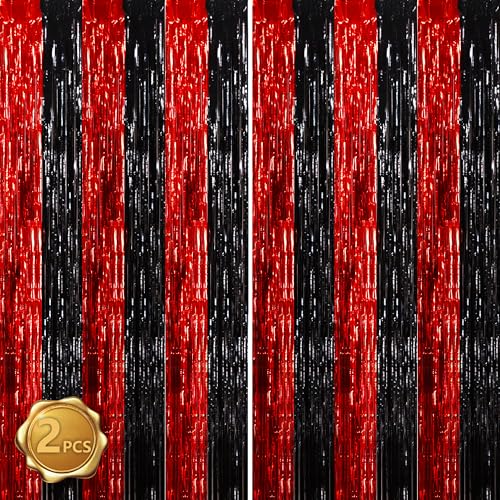 Image of BEISHIDA Red Black Door Streamers Backdrop Foil Fringe Tinsel Party Streamers Curtains Photo Backdrop - 2Pcs for Birthday Graduation Bachelorette Halloween New Year Party Decoations