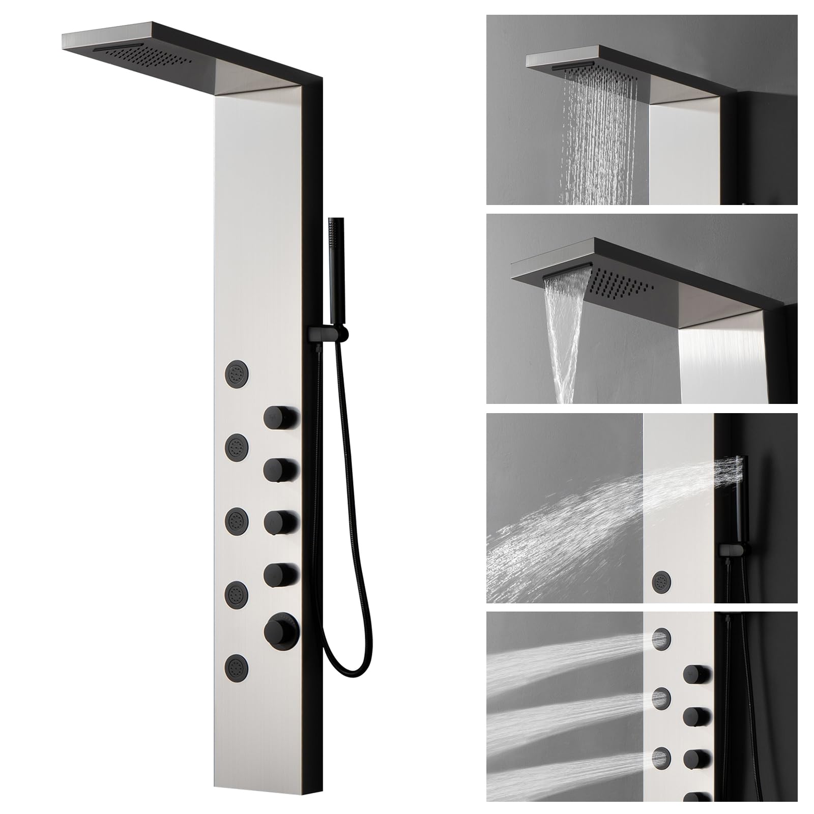 BWE Rainfall Waterfall Shower Tower Panel System Stainless Steel Bathroom Shower Panel Tower with 5 Body Sprays and Handheld Shower, Brushed Nickel and Black
