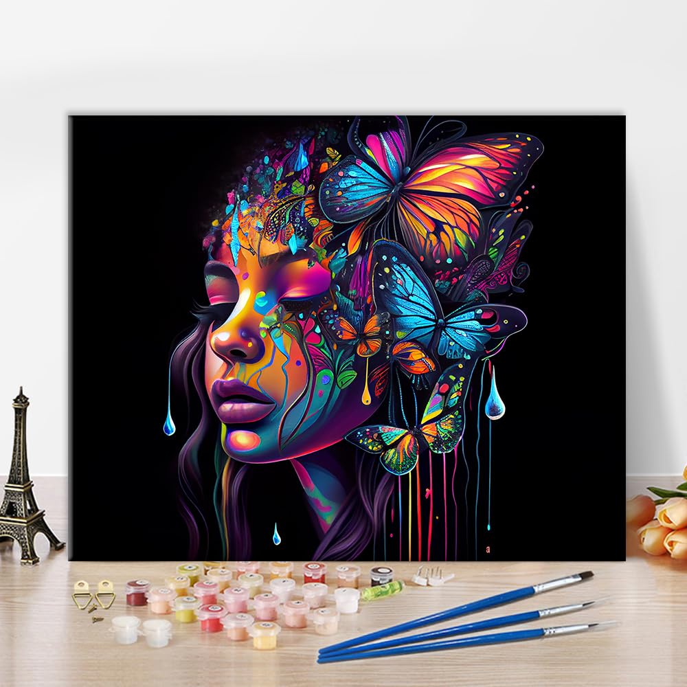 TISHIRON Peinture par Numéros DIY Fille Colorée pour Adultes et Enfants - Kit Acrylique sur Toile avec Pinceaux - Noir Fille - Artisanat 40x50cm (Encadré)