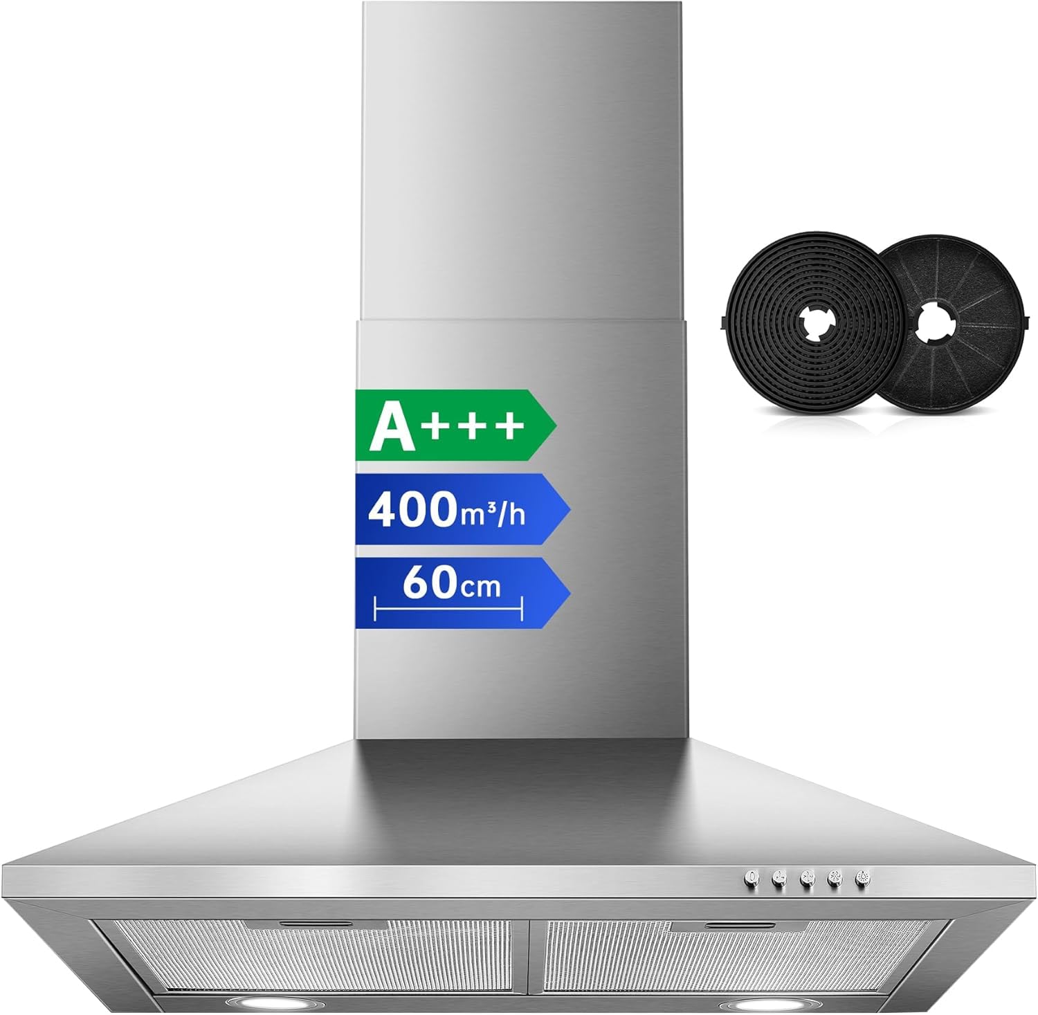 SNDOAS Chimney Cooker Hood 90cm, 400m³/h Extractor Fan for Kitchen with Carbon Filters, A+++, 3-Speed with LED Lights, Recirculating & Ducting Modes Wall Mounted Range Hood, Silver — view 9