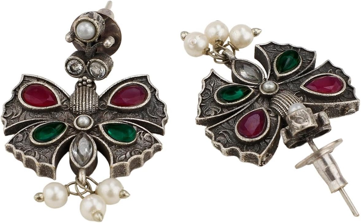 Efulgenz Antique Boho Oxidized Indian Earrings for Women Butterfly Faux Pearl Crystal Dangle Earring Indian Oxidized Jewelry Bohemian Statement Earrings Jewelry for Women