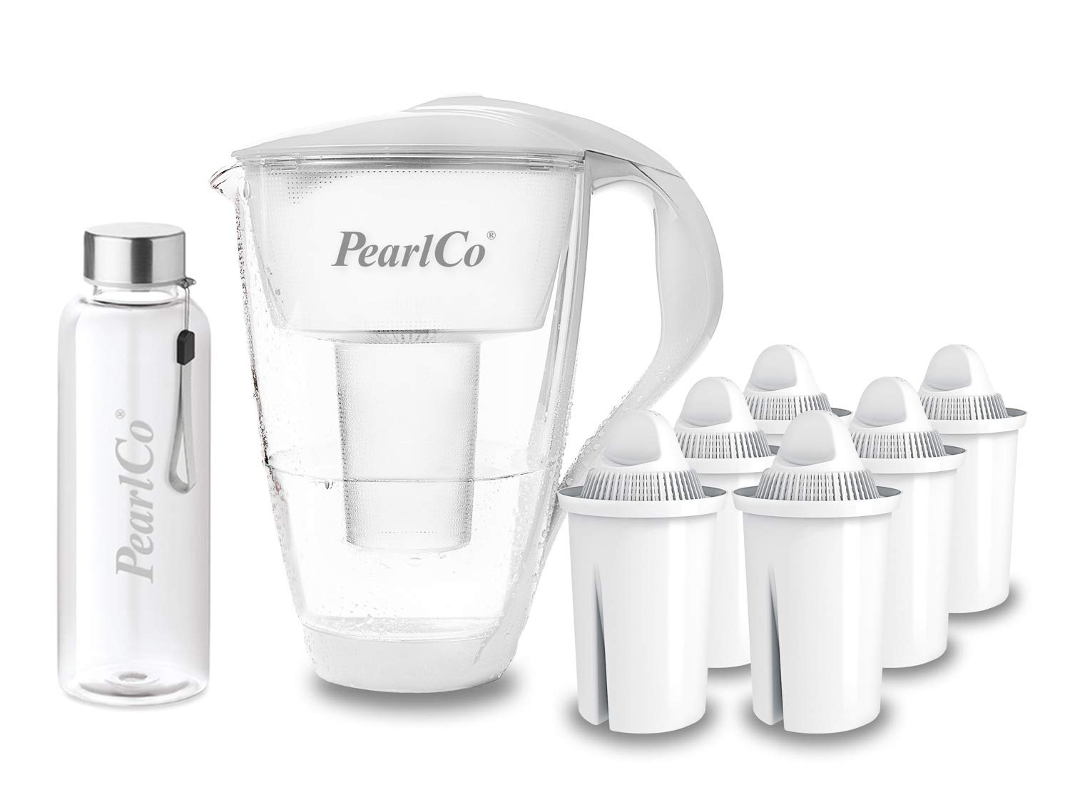perlopur® Glas-Wasserfilter (weiß) +6 Kart. Universal +Glas-Trinkfl. | Borosilikatglas, 2 l gesamt, 1 l gefiltert, LED-Anzeige, für classic Kartuschen, reduziert Kalk, Chlor & andere Schadstoffe