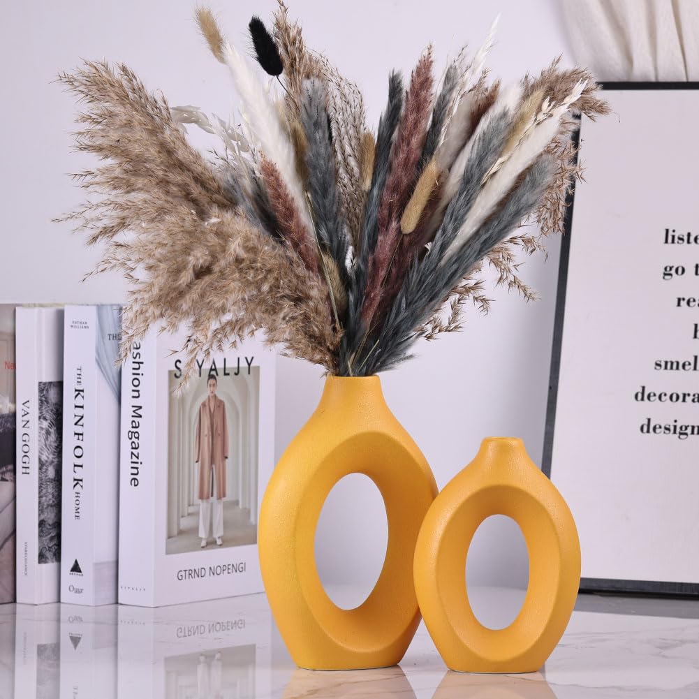 Set di 2 Vasi Gialli, Moderni Vasi in Ceramica Opaca e Cava Gialla, Vaso Decorativo in Stile Boho con Erba Pampa per Soggiorno, Matrimonio, Camera da Letto, Cucina, Tavolo da Pranzo e Ufficio