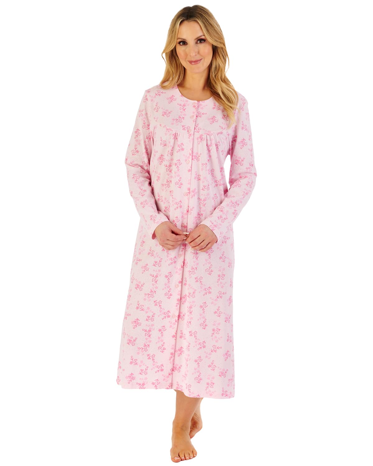 Slenderella Women's Pink Floral Jacquard Button Through 46 Inch Polycotton Nightdress (24/26, )