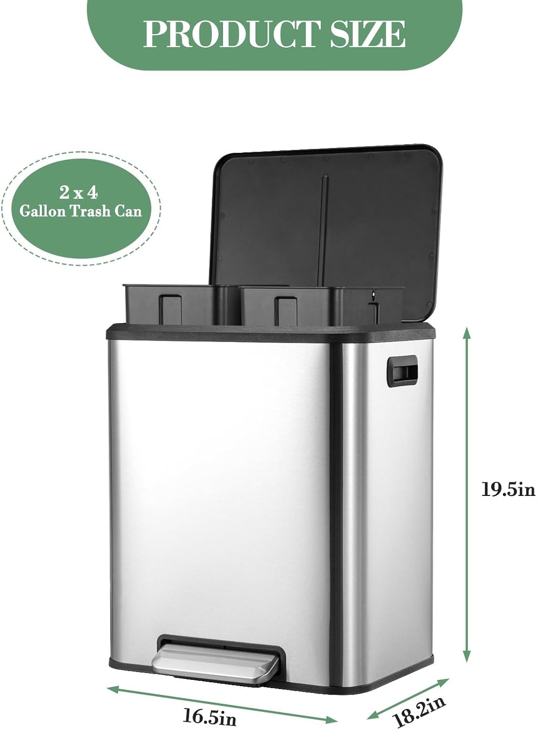 8 Gallons/30 L Dual Trash Can with Lid, Stainless Steel Waste Bin with 2 Removable Inner Bucket and Soft Close Lid for Office, Bedroom, Kitchen