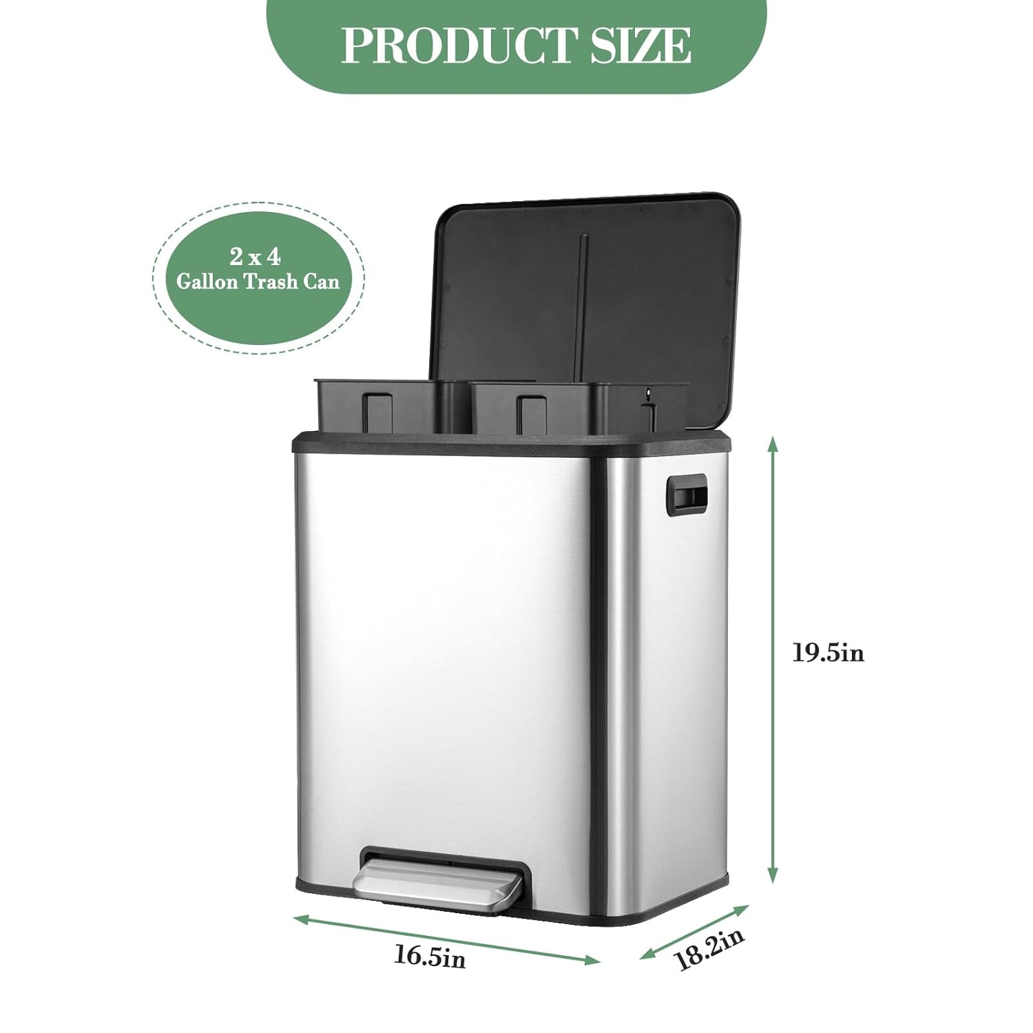 2 x 4 Gallon Dual Trash Can, Stainless Steel Two-Compartment Garbage Can with Soft-Close Lid & Dual Removable Inner Buckets, Rectangular Trash Can for Kitchen Bathroom Bedroom, Silver