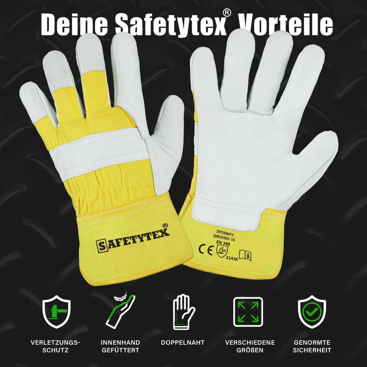 Safetytex Rindvollleder Arbeitshandschuhe EN388 robust (Gr. 10, 24 Paar) | Lederhandschuhe für Bau- und Gartenarbeit, doppelt genähte Nähte, strapazierfähig, langlebig, hoher Komfort