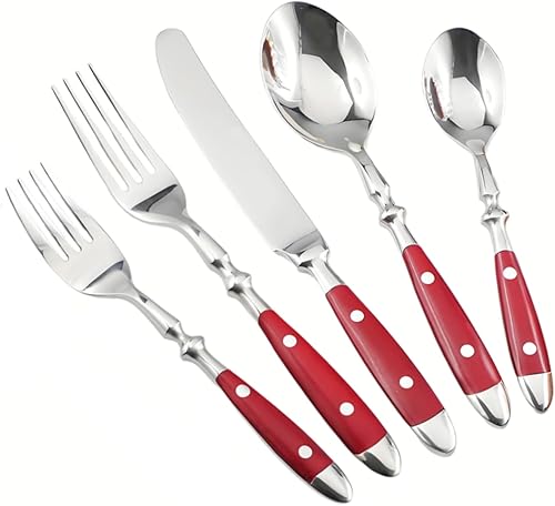 Juego de cubiertos vintage de 50 piezas, color rojo, de acero inoxidable 18/10, servicio para 10, mango de baquelita, espejo pulido, apto para