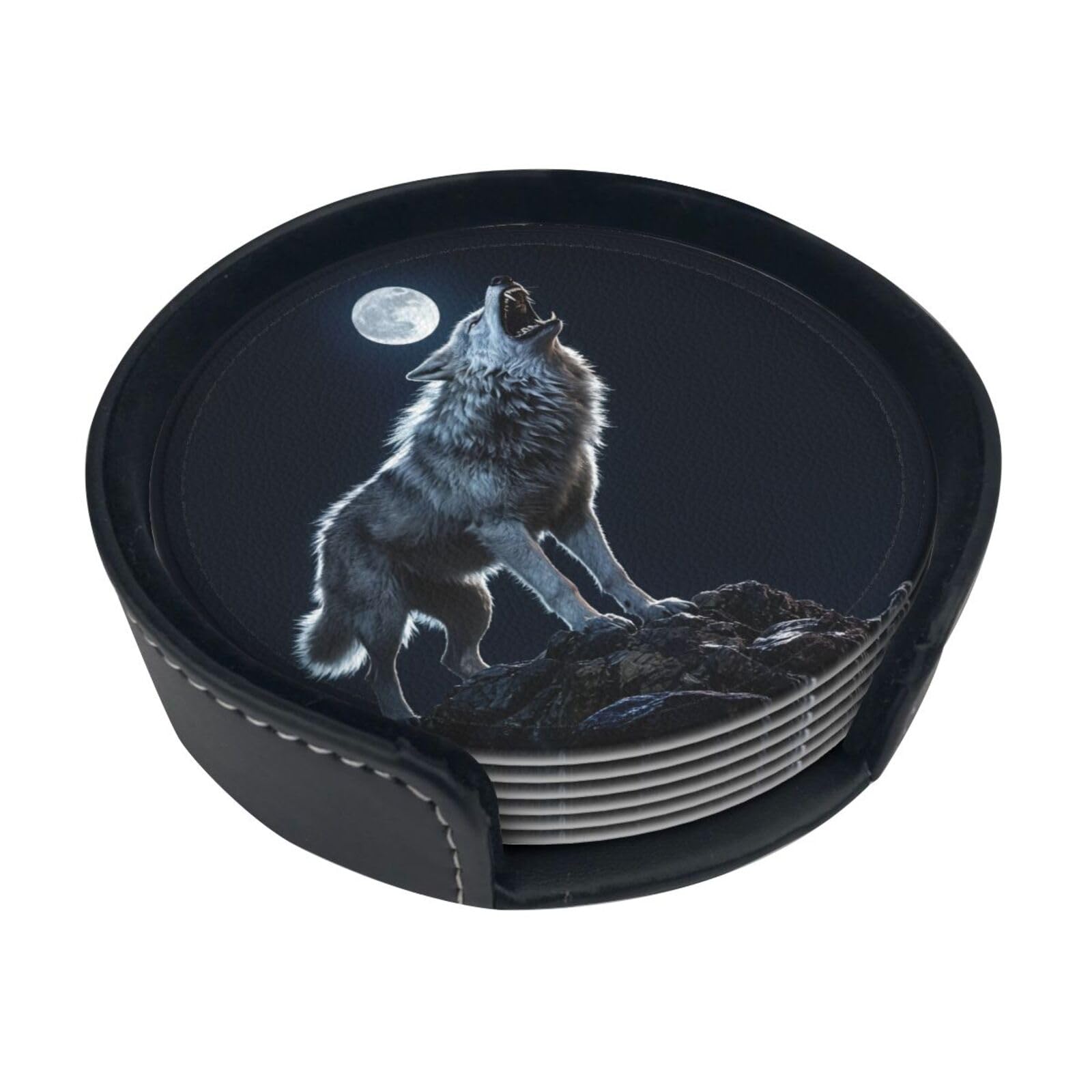 Wolf Howl Leather Coasters-Set of 6 with Storage Holder