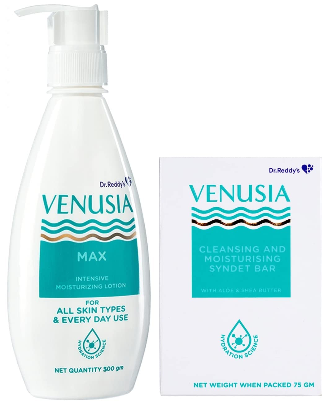 Dr. Reddy's Venusia Max Lotion and Bathing Bar | 24 hour Moisturizing | Intense hydration | Barrier Care | Soap Free Formulation | 500g, 75g