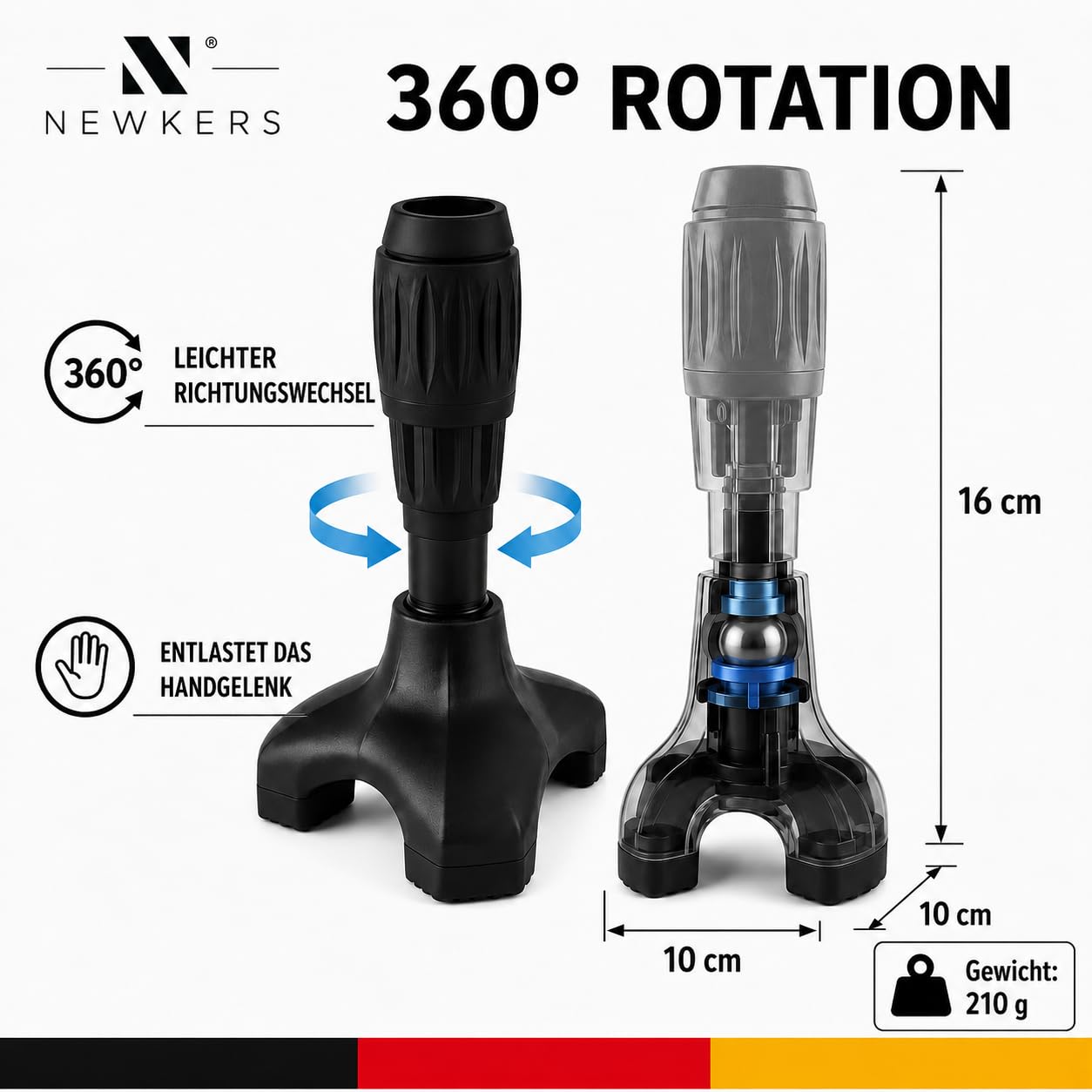 Pie de punta universal que absorbe los golpes – Tri-pie estable para bastones de 3/4" y 5/8", punta de repuesto antideslizante de 3 puntos con rotación de 360° para una muñeca suave