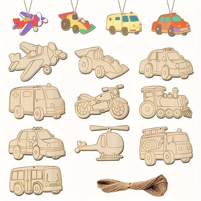 Pack of 10 Vehicle Shape Wooden Hanging Cutouts for Craft Blanks, Unfinished Wooden Ornaments for Kids Craft, School Projects, Birthday Decoration, Wall Decor & Hanging Crafts - 4 Inch, By Curious Button-image-33