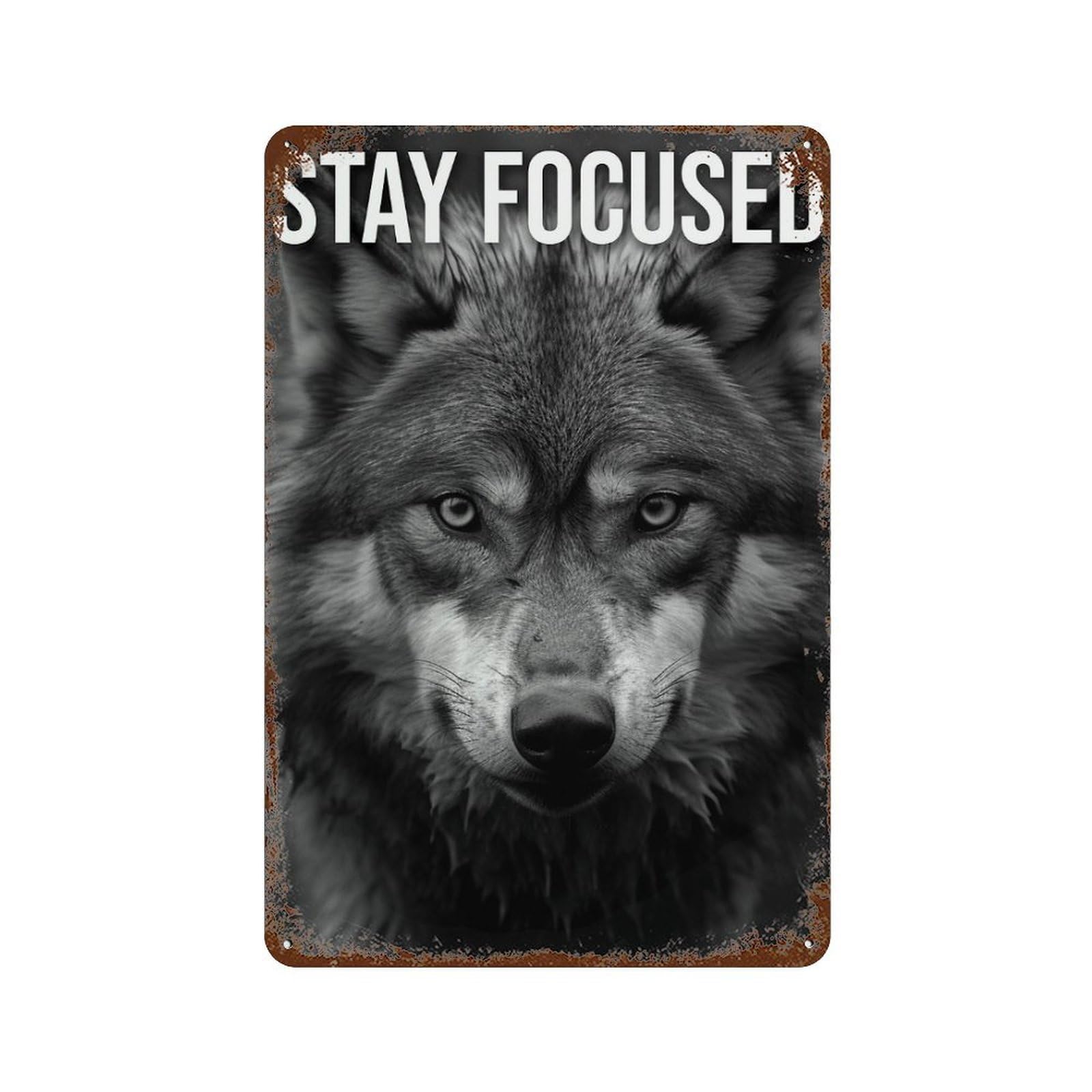 Stay Focused Wolf 11.8"x7.9" Decorative Tin Sign, Retro Wall Decor for Bistro, Counter And Cafe Decor