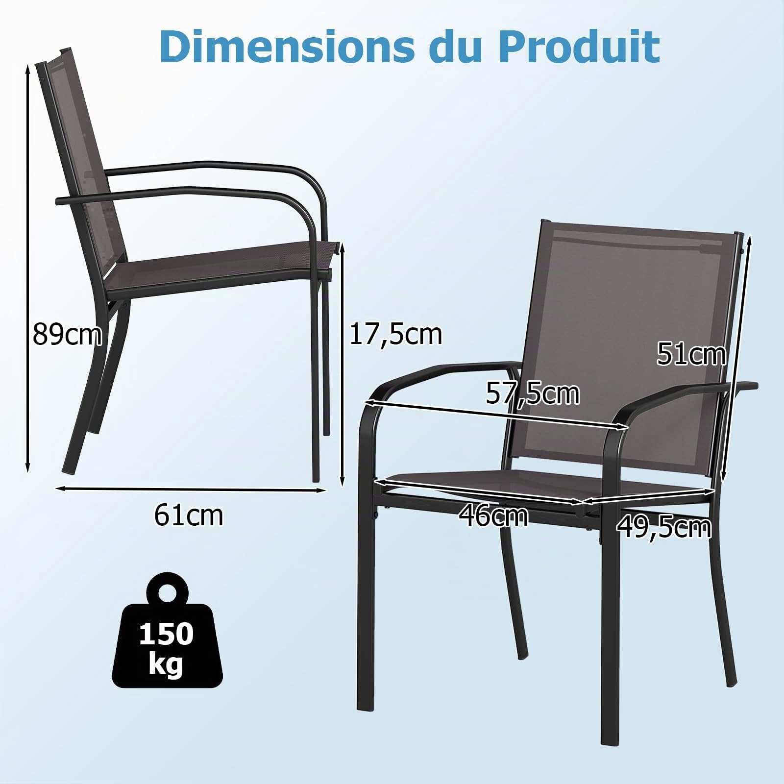 COSTWAY Lot de 2/4 Chaises de Jardin Exterieur Empilable, Chaise de Salle à Manger, Tissu Respirant, Dossier Haut, Cadre en Métal, Fauteuil Exterieur pour Jardin Terrasse Balcon, Charge 150 kg (4)