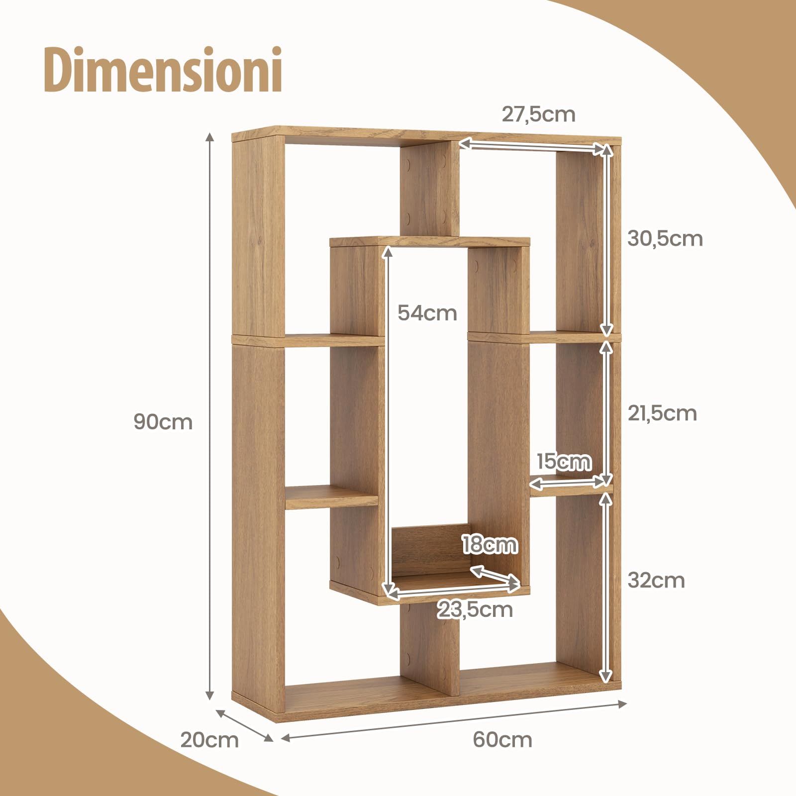 COSTWAY Libreria Scaffale Geometrico Spirale ad Angolo Retto a 7 Ripiani, Scaffale Espositivo in Legno Salvaspazio, Libreria per Camera da Letto, Soggiorno e Salotto, 125 x 22 x 150 cm (Marrone