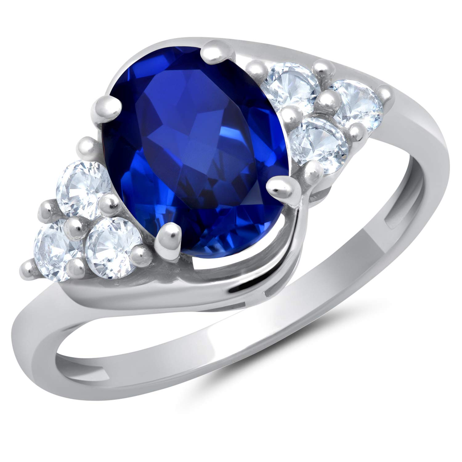 Solid 10K Yellow or White Gold Oval Cut Created Blue Sapphire September Birthstone Ring with Created White Sapphire Accents