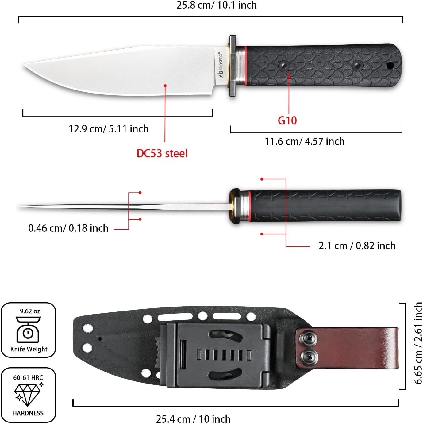 DC53 Steel Fixed Blade Hunting Knife with Sheath - Tactical EDC Knife for Men, Essential for Outdoor Survival Camping Hiking (White Stone Wash)