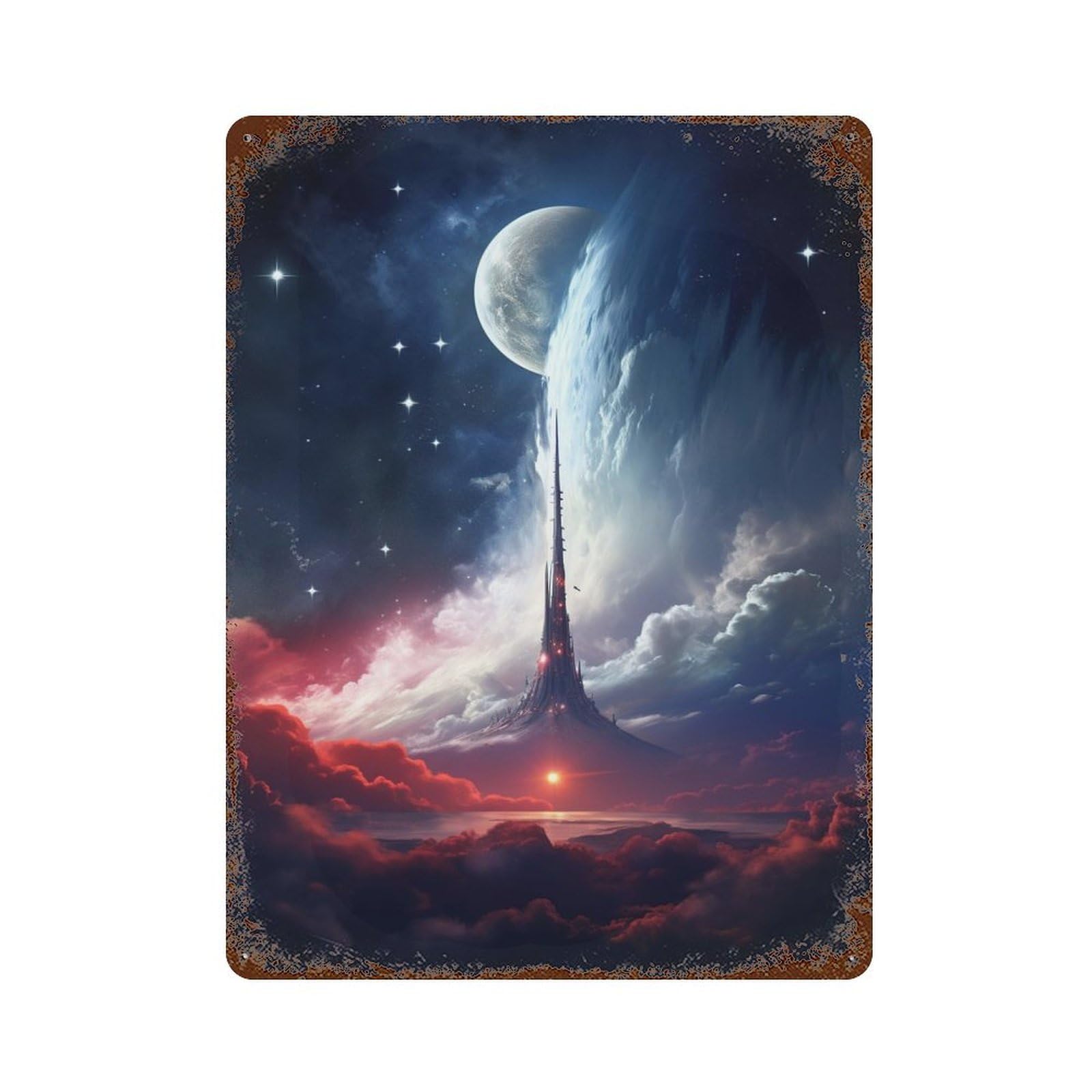 Aged Metal Wall Plaque with Planet Plateau Landscape Design 15.7"x11.8", for Basement, Hobby Room And Garage Decor, Farmhouse Wall Decor
