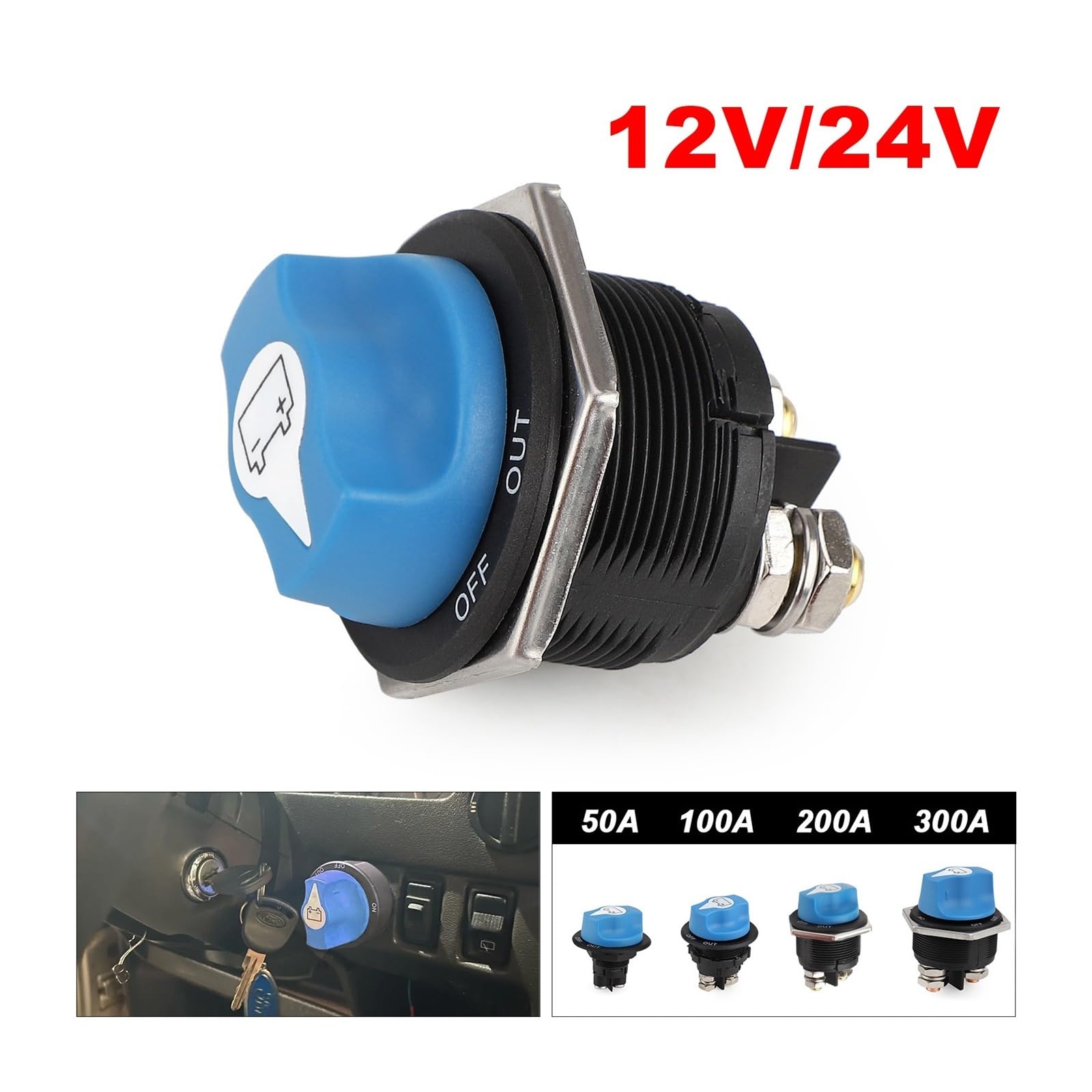 Interruptor de batería de coche, 50, 100, 200 y 300 A, azul, desconectador de batería, kit de interruptor de corte for RV, motocicleta, camión, barco(300A)