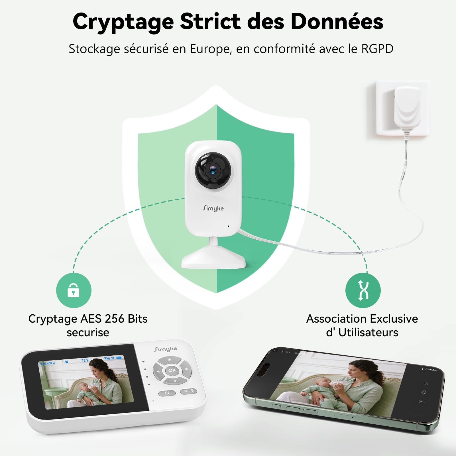 Simyke Babyphone caméra, écran IPS avec Connexion sans Fil directe, Liaison Smartphone WiFi, Vision Nocturne Automatique, Batterie 2500mAh, Mode VOX, Appel bidirectionnel, Partage Familial