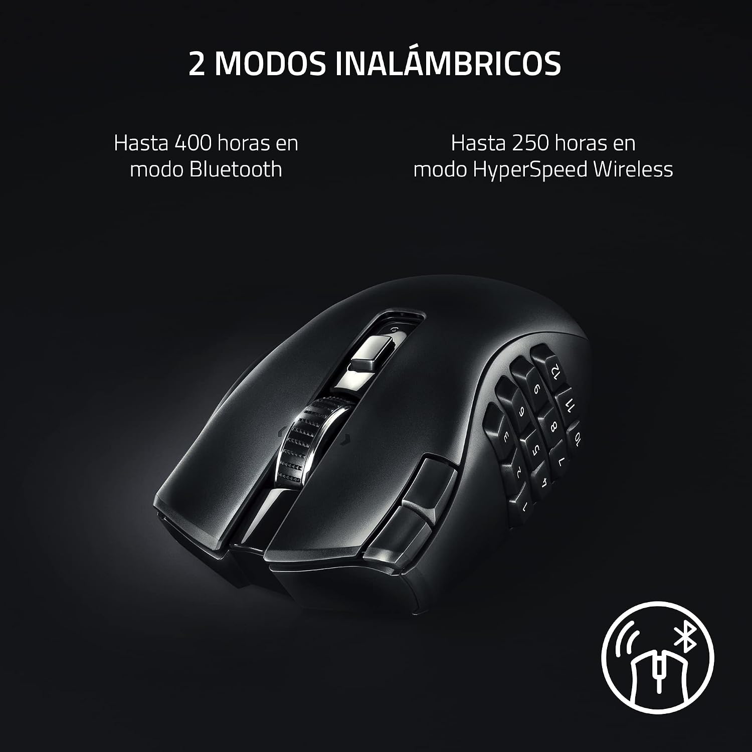 Razer Naga V2 HyperSpeed – Ratón Inalámbrico Ergonómico para Juegos MMO, 19 Botones Programables, Hyperspeed, hasta 250 Horas de Duración De La Batería, Sensor Óptico Focus Pro 30K, Negro 4
