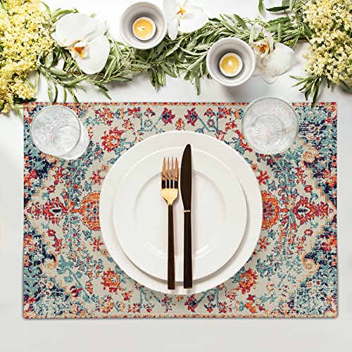 Image of Ethnic Boho Placemats Set of 6 Southwest Orange Blue Teal Carpet Woven Texture Linen Washable Kitchen Dining Table Mats Stain Heat-Resistant Desktop Decor Place Mats for Home Party Indoor 12x18 inch