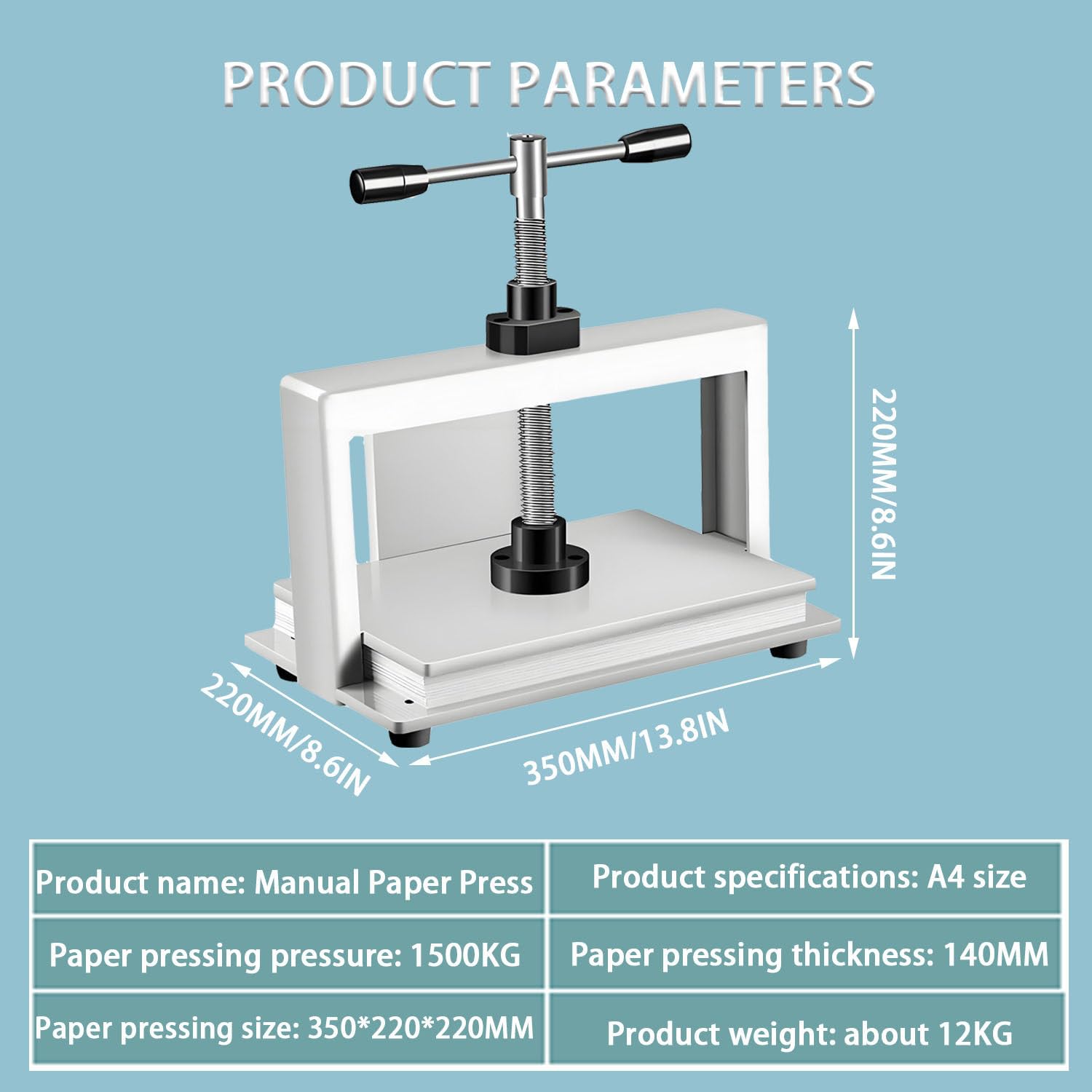Pressa per carta manuale, pressa per carta a doppia barra di bilanciamento, pressione di 1500 kg/3306 libbre, per rilegatura di libri, banconote, fatture e appiattimento di lamiere d'acciaio A4