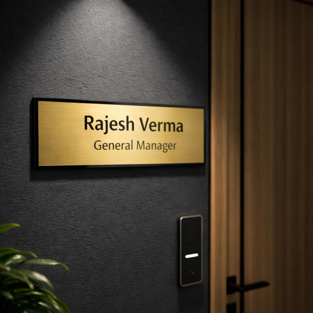 Customized Self Adhesive Acrylic Name Plate | Black Acrylic and Gold Engraving Sheet with Vinyl Lettering | Custom Name Plate For Home, Office and Outdoor Entrance (12 x 4 Inch, Golden)-image-19