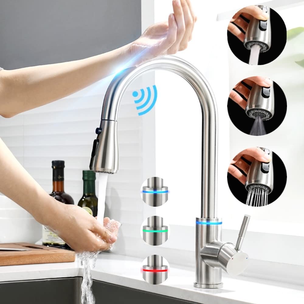 Smart Kitchen Faucet, 3 Modes Pull Down Sprayer, Touch On Sensor Activated, LED Temperature Control, 360-Degree Rotation, 1 or 3 Hole Deck Plate. 10-Year Warranty. (KW-70SN, Brushed Nickel)