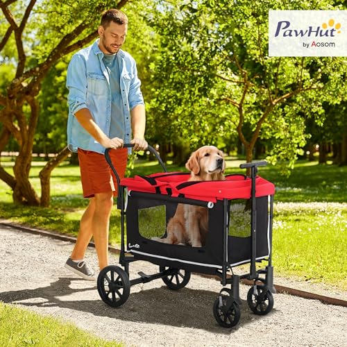 PawHut 2 in 1 Hundewagen Hundebuggy klappbar für Hunde & Katzen bis 30 kg Bollerwagen mit Kissen Netzfenstern 2 Türen Aufbewahrungstasche Katzenwagen Buggy Rot