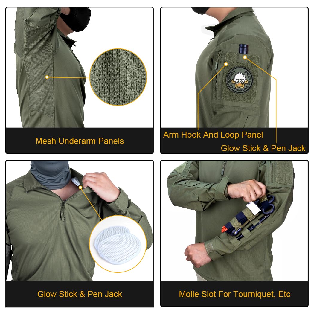 IDOGEAR Chemises De Combat Chemise Tactique à Manches Longues avec Coudières Chemises Militaires avec Poches Vêtements Airsoft Hauts