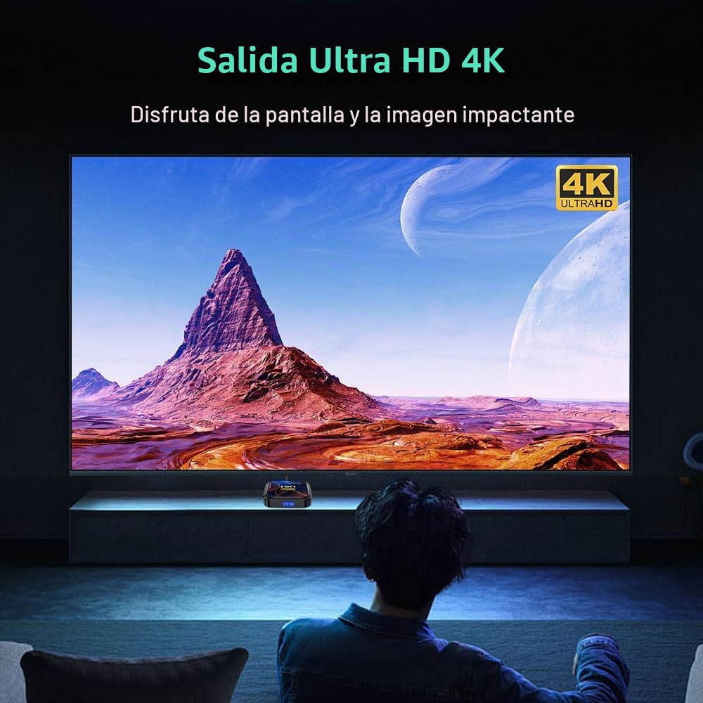 Android 13.0 TV Box 4GB RAM 64GB ROM RK3528 Quad-Core Arm Cortex A53, HD Convertor Smart TV Soporte 2.4/5.0GHz WiFi BT5.0 10/100M Ethernet 8K HDR10+ USB 2.0/3.0 con Control Remoto por Voz