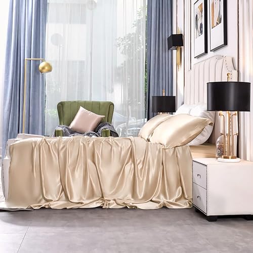 Miniatura 9 de THXSILK Juego de sábanas de seda de 4 piezas, 25 momme 100% seda de morera natural de grado superior, juegos de ropa de cama de lujo, ultra suaves y