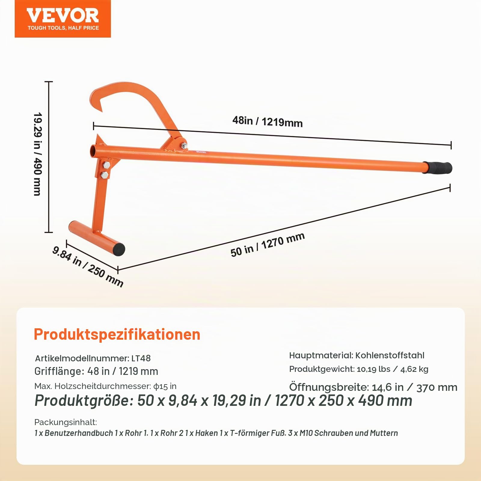 VEVOR Fällheber, 1219 mm, robuster Stammheber mit Metallgriff, Stammwender mit verstellbarem Wendehaken, Fällhilfe für Stämme bis zu φ 38 cm, Holzheber zum Rollen, Schneiden & Anheben von Stämmen