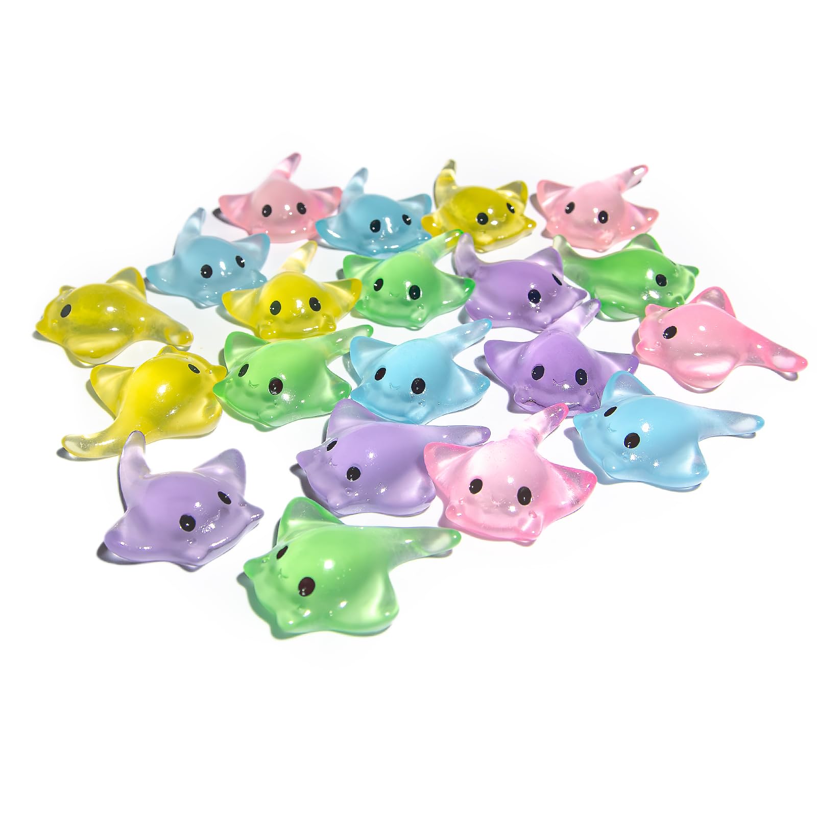 Norxuaze Multi-Colored (Oceanic Teal, Midnight Blue, Pearl White, Lavender Mist, Sandy Beige, Twilight Purple) 20Pcs Mini Resin Glow In The Dark Stingray Figurines - 6 Colors Realistic Cute Sting Ray Decorations For Diy Dollhouse, Micro Landscape, Aquarium Models, Tiny Ornaments & Portable Collectibles
