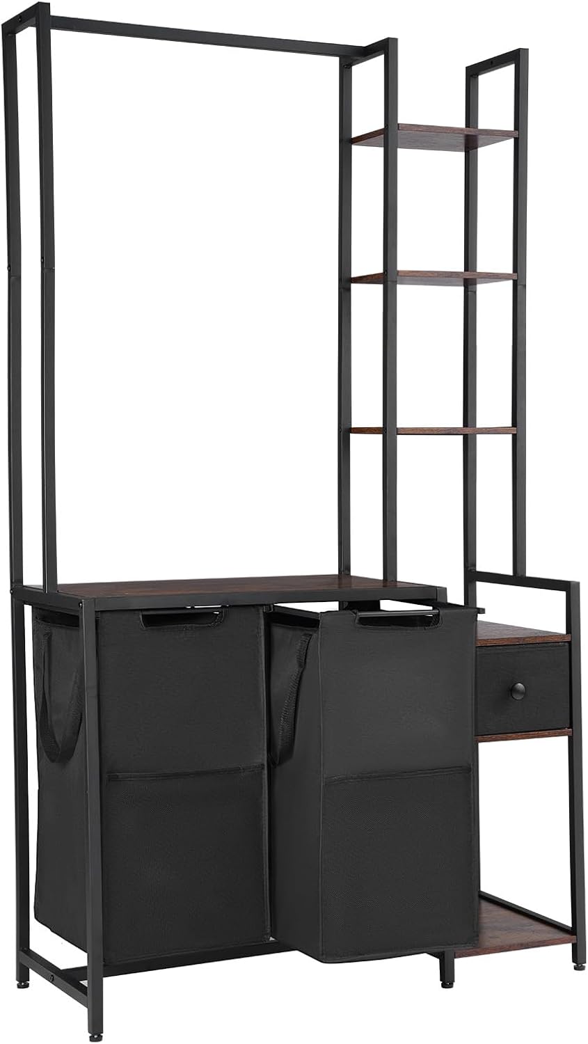 VEVOR 6 Tiers Laundry Sorter with Rack Tall Hamper Shelves Drawers Section Freestanding Hanging Storage Oxford Cloth Bags Ladder Shelves