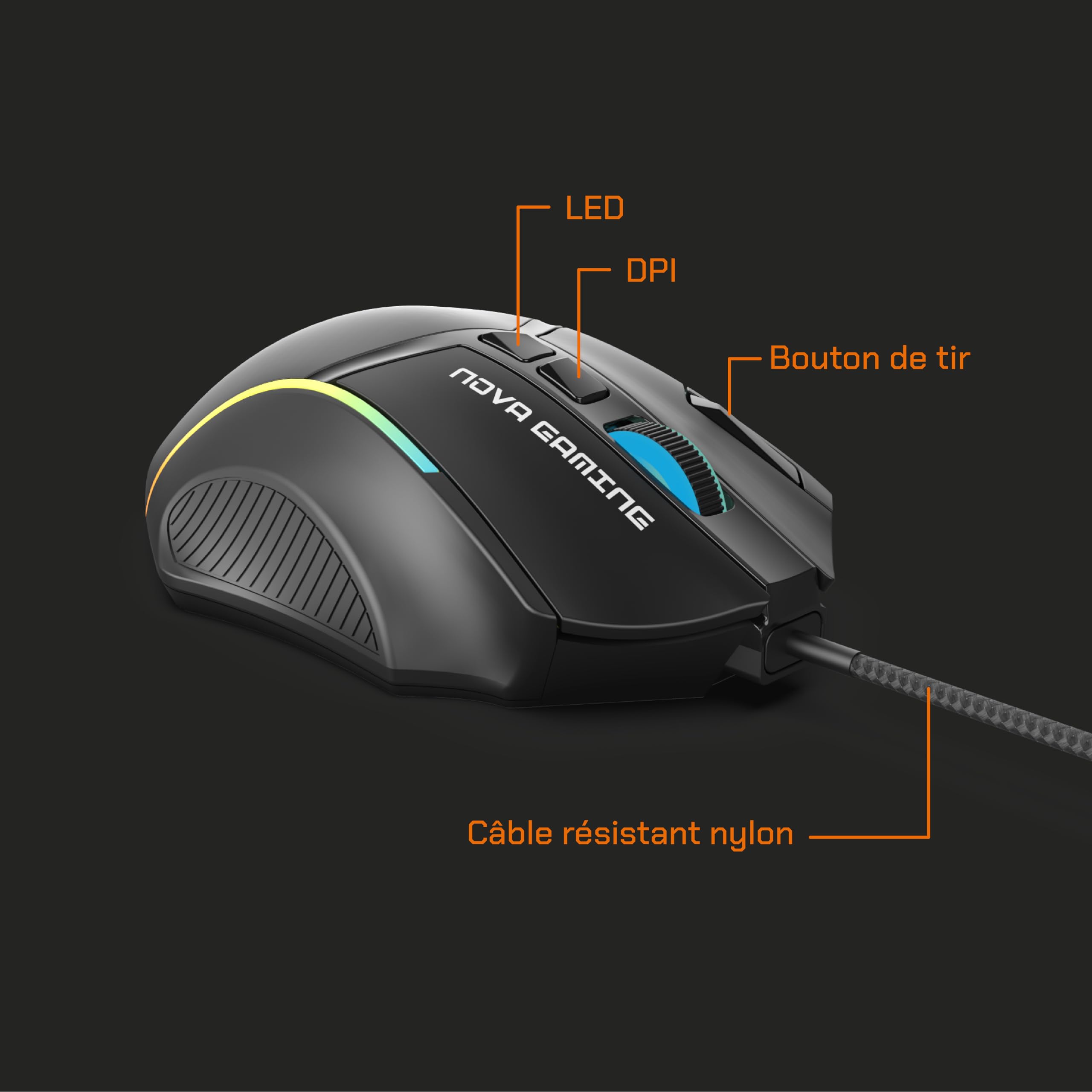NOVA GAMING – Virgo – Mouse Gaming Cablato RGB Programmabile – Peso Regolabile, Software di Personalizzazione, DPI regolabile, 13 animazioni LED